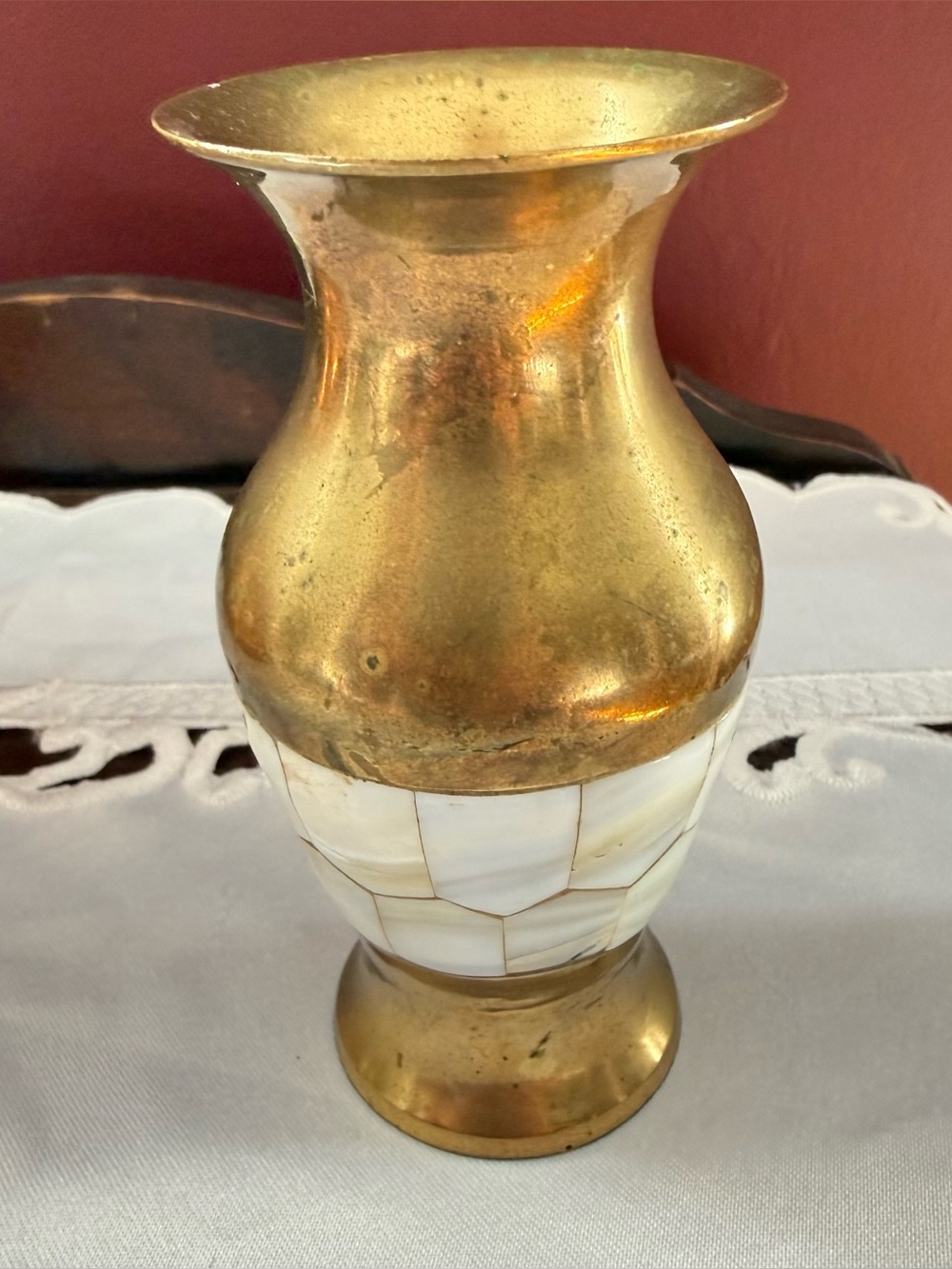 Vintage Small Solid Brass Vase Mother of Pearls Inlay - Made in India